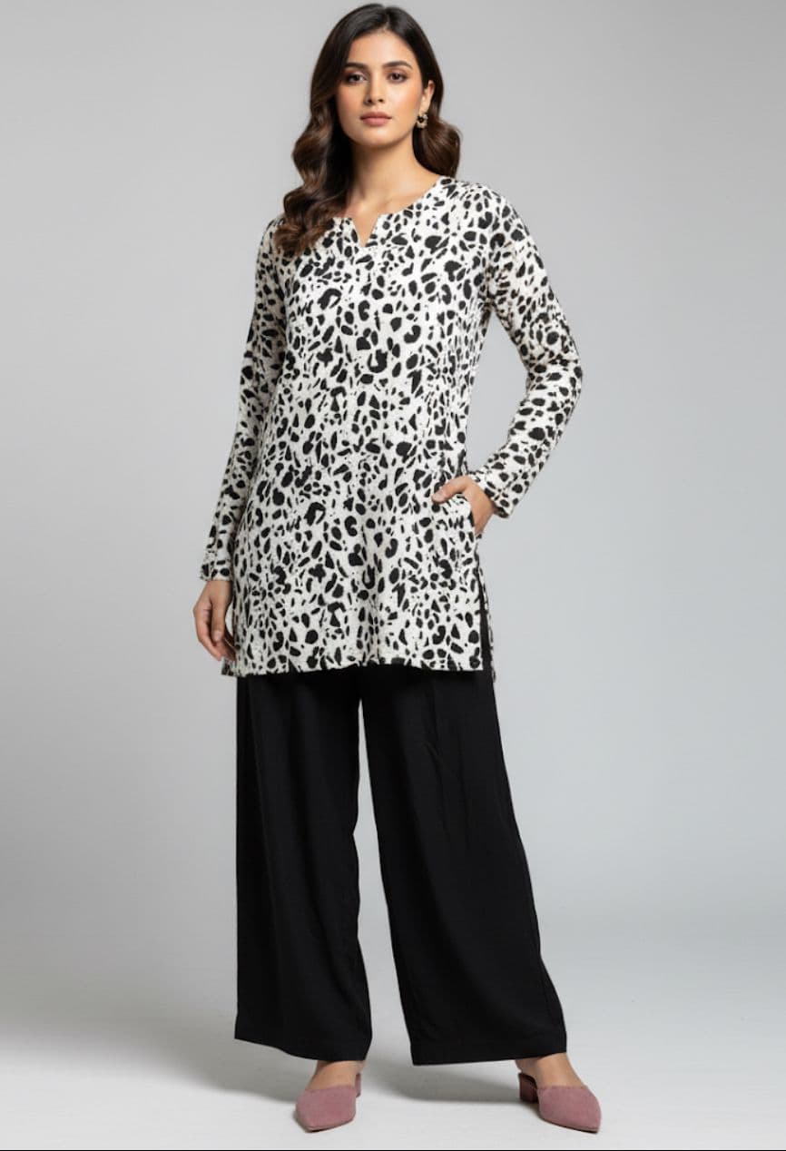 Black & White Printed Kurti with Black Wide Leg Trousers - Image 1