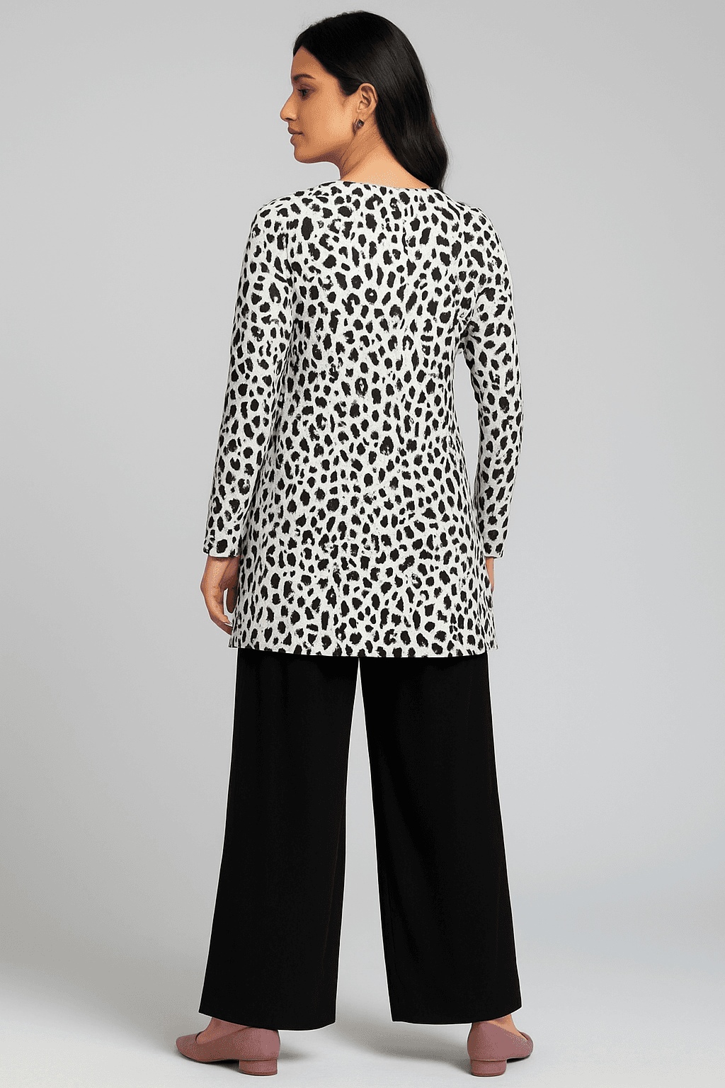 Black & White Printed Kurti with Black Wide Leg Trousers - Image 2