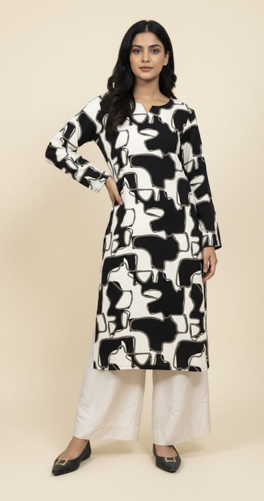 Abstract Black & White Long Kurti with White Wide Leg Trousers - Image 1
