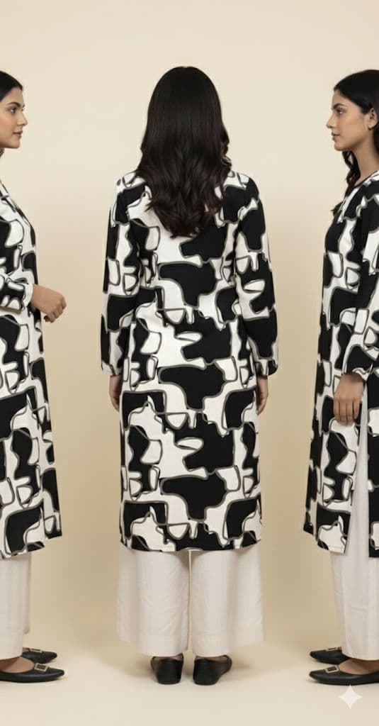 Abstract Black & White Long Kurti with White Wide Leg Trousers - Image 2