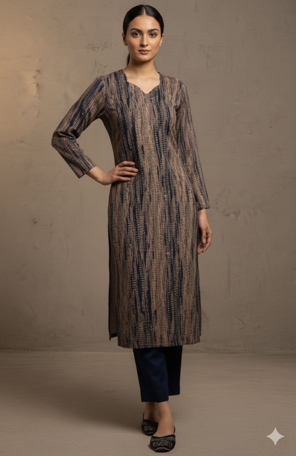 Abstract Printed Long Kurti with White Straight Trousers - Image 1